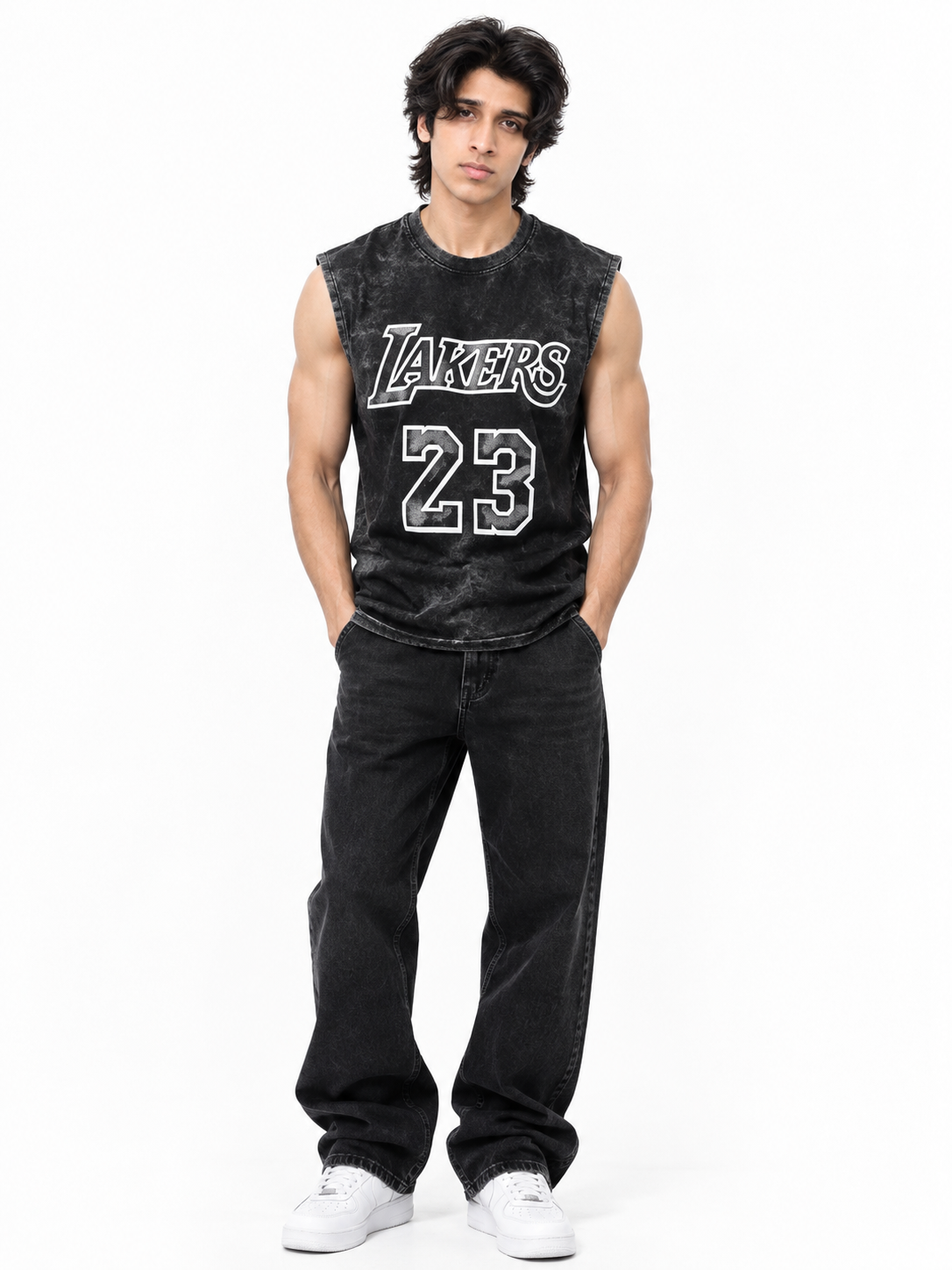 Aurex Vintage Acid-Wash 23 Graphic Oversized Sleeveless T-Shirt