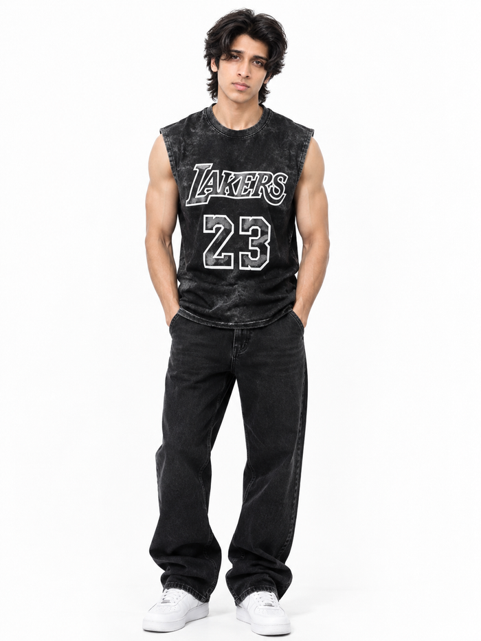 Aurex Vintage Acid-Wash 23 Graphic Oversized Sleeveless T-Shirt