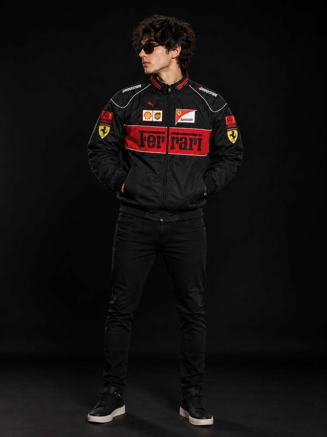 AUREX Black Motorsport-Inspired Puffer Jacket